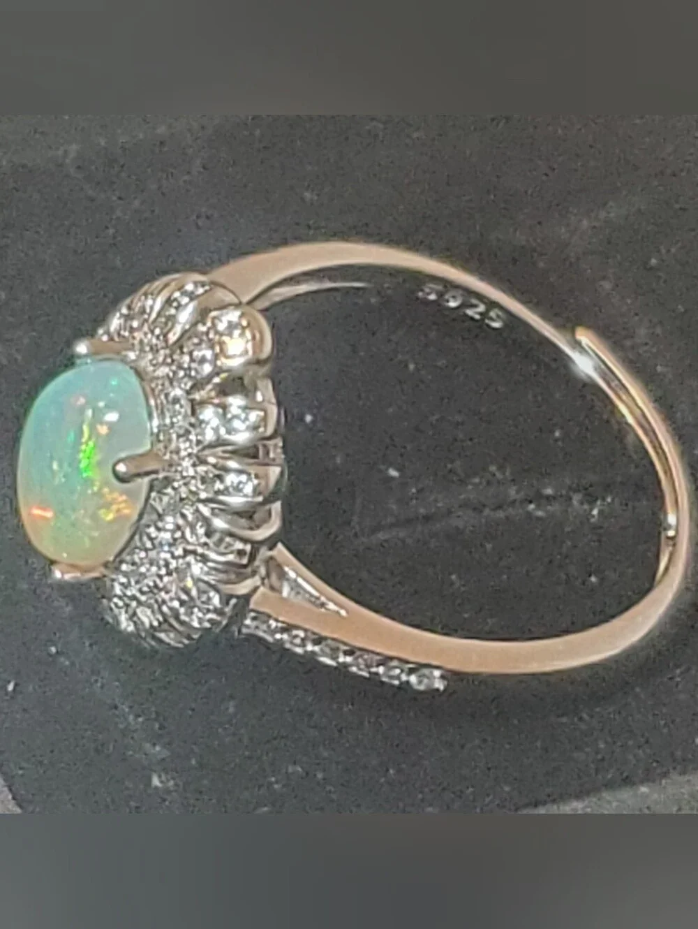 Sunburst Halo Australian White Opal CZ 925 Sterling Silver Adjustable Ring